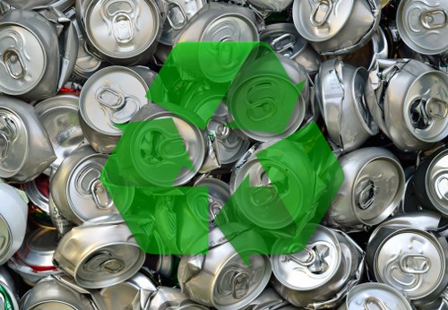 A close-up view of a pile of numerous silver aluminium beverage cans, some with visible pull-tabs and minor dents, tightly stacked together in a recycling bin or collection area. The cans display a range of shiny metallic finishes, reflecting ambient light, with a few showing subtle colour accents such as red and green on the tabs or labels, indicating various drink brands. In the background, out of focus, there are additional cans and potentially part of a recycling or waste collection environment. The image visually emphasizes the need for proper rubbish and waste management, often handled by companies like Garden Clearance Surbiton, which provide services for disposing of metal and other discarded household or garden waste responsibly. The overall scene illustrates the typical form of recyclable waste that might be collected during a rubbish clearance in the Surbiton area or surrounding parts of south-west London, highlighting the importance of waste segregation and recycling efforts.