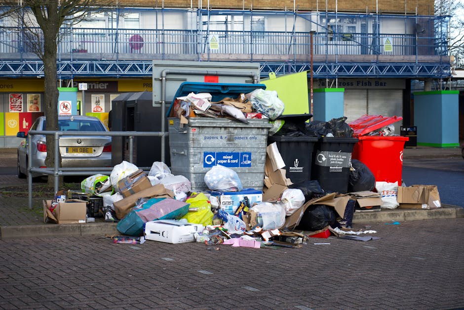 A person wearing a plaid shirt in shades of yellow and grey, a dark green T-shirt, and grey trousers, standing outdoors on a grassy area, is holding open a large black plastic rubbish bag lined with a